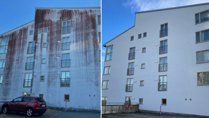 Två bilder jämför fasaden på en byggnad före och efter rengöring; den vänstra är smutsig medan den högra är ren.