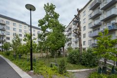 Bild av ett bostadsområde med grönskande träd och buskar, där ett utrymme används för dagvattenhantering.