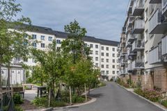 Grönskande gård omgiven av flerbostadshus
