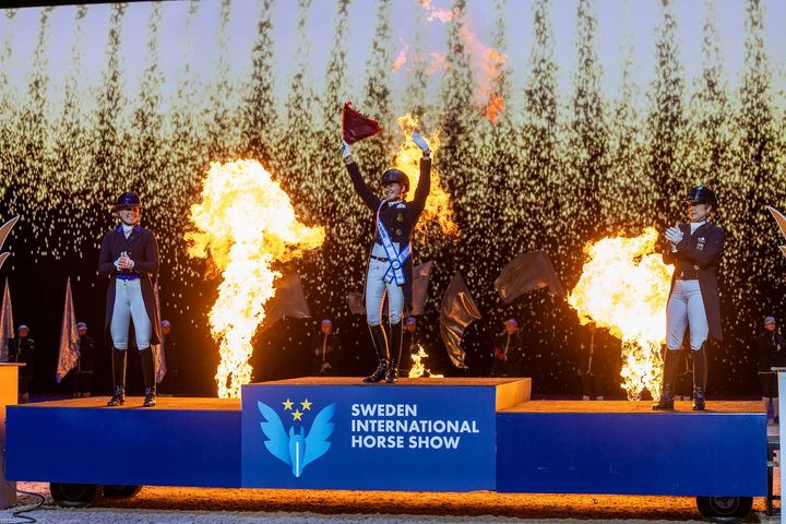 Spectacular prizegiving at the Lövsta Top 10 Dressage in Stockholm. Left to right: Nanna Skodborg Merrald (DEN), Jessica von Bredow-Werndl (GER), Isabell Werth (GER).
