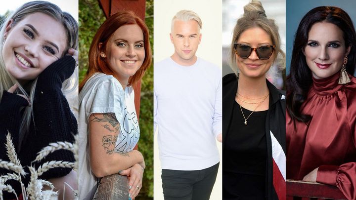 Årets deltagare i Stjärnornas Hoppning. Fr v Amanda Edmundsson, Melissa Kinnmalm, Farao Groth, Saga Scott och Sofie Sarenbrant.