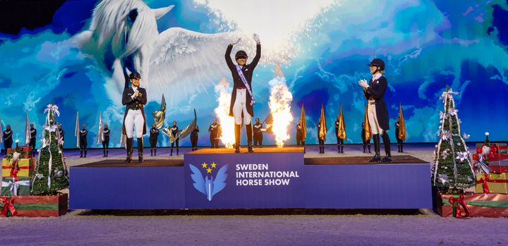 The top three riders of Lövsta Top 10 Dressage in Stockholm 2024. Second placed rider Isabell Werth (GER), first placed rider Cathrine Laudrup-Dufour (DEN) and third placed rider Dinja van Liere (NED).