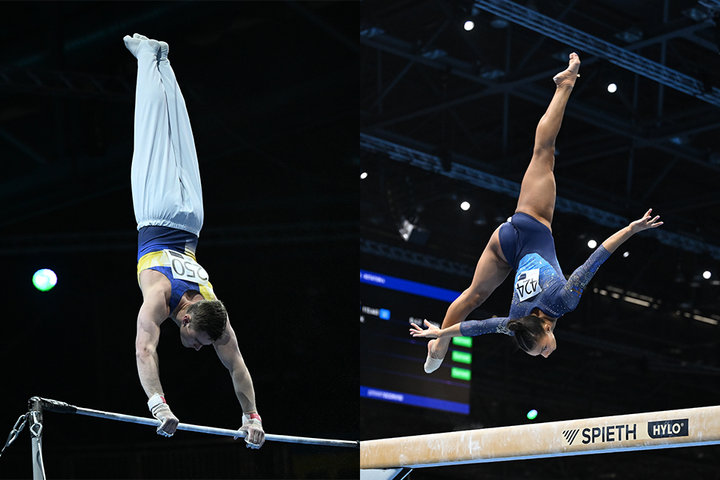 Gymnaster tävlar på olika redskap i en arena.