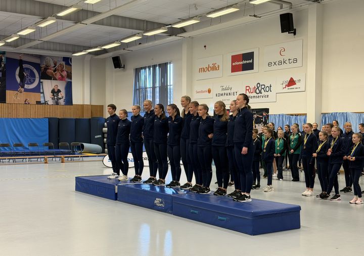 En grupp medaljörer står på en prispall i en idrottshall och lyssnar på den svenska nationalsången.