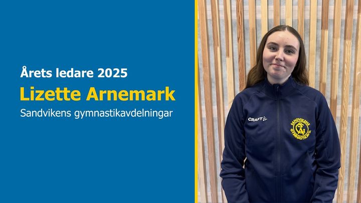 Kvinna i träningsjacka står framför en träpanel. Text: "Årets ledare 2025, Lizette Arnemark, Sandvikens gymnastikavdelningar."