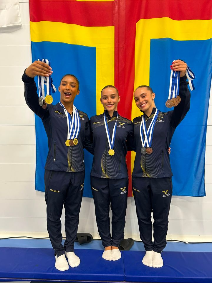 Tre glada gymnaster står framför en åländsk flagga och håller upp sina medaljer.