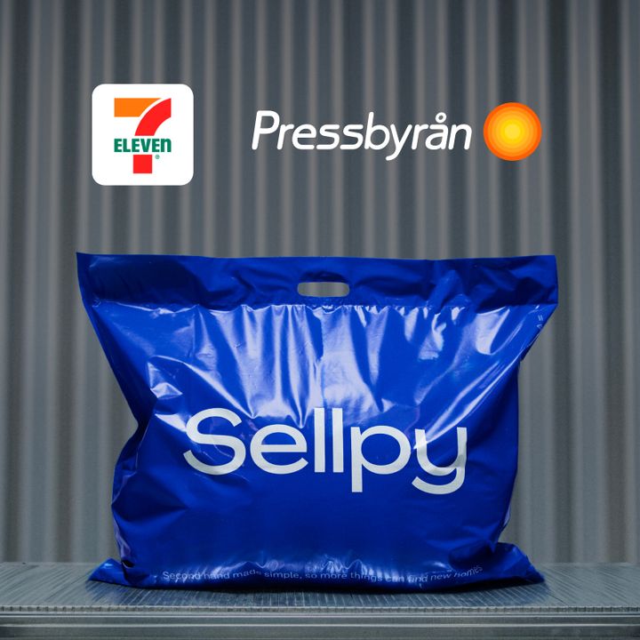 Bild på en blå Sellpy-påse framför logotyperna för 7-Eleven och Pressbyrån.