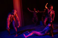 Grupp människor i scenkostymer utför en dramatisk dans under färgglad belysning.