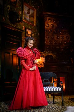 Lena Olin i stor, röd klänning på scen.