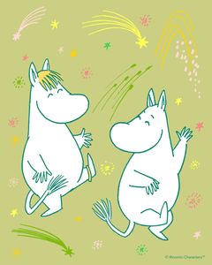 Mumintrollen dansar mot en grön bakgrund.