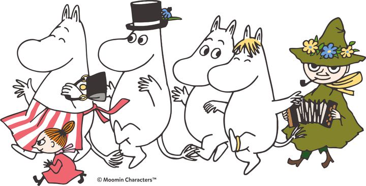Illustration av Mumintrollet och hans vänner som promenerar tillsammans.