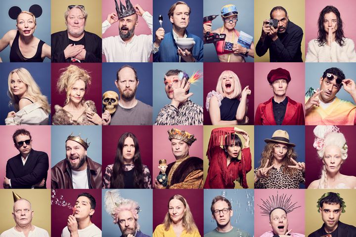 Ett collage av 25 skådespelare med olika uttryck och kostymer mot färgglada bakgrunder, inför Stadsteaterns 65-årsjubileum.