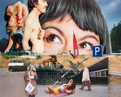 Collage med olika personer och scener, inklusive en person som spelar dragspel och en parkeringsskylt.