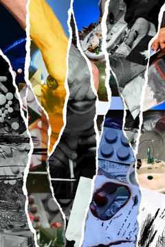 Bild med collage av olika händer som hanterar diverse föremål och material.