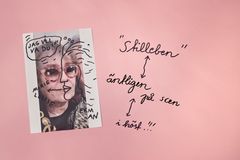 Affisch för "Stilleben" på Kulturhuset Stadsteatern, med tecknade detaljer och text. Premiär 11 december.