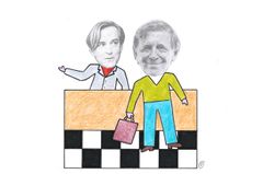 Illustration föreställandes Andreas T Olsson och Claes Eriksson i en affärsmiljö.