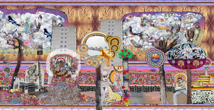 Del av fasadkonstverk, konstnär Valeria Montti Colque, visas på Husby Konstsalong 11 april-3 maj