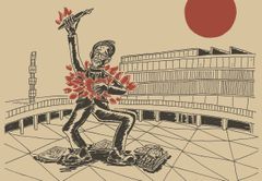 Illustration av en person som håller en penna och omges av löv, med moderna byggnader i bakgrunden och en stor röd cirkel ovanför.