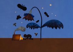 Illustration med ett barn som kryper mot ett litet hus. En stor blomma och flygande insekter syns mot en blå himmel med stjärnor.