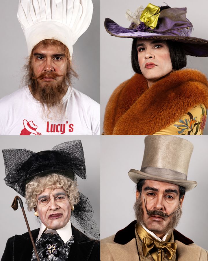 Nils Poletti utklädd till olika karaktärer i pjäsen Grevinnan von Petzolds gästabud: en kock, en grevinna, en baron och en markisinna.