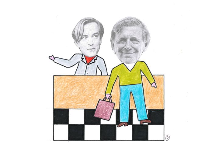Illustration föreställandes Andreas T Olsson och Claes Eriksson i en affärsmiljö.