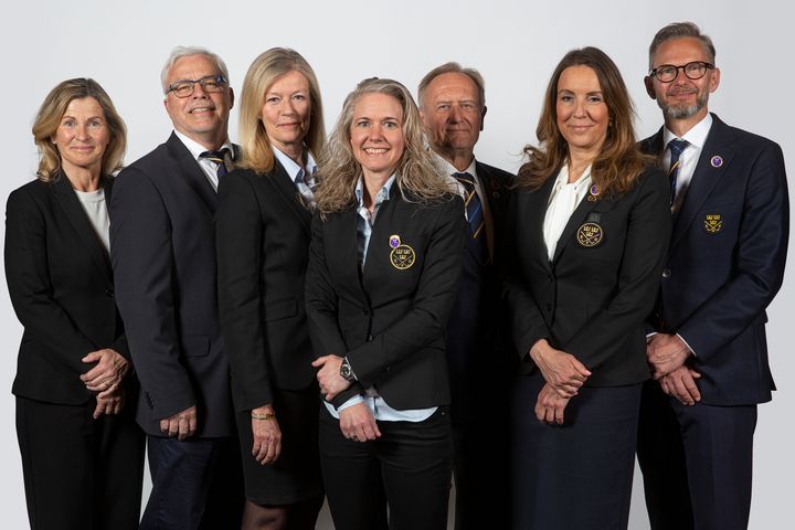 Förbundsstyrelsen SGF 2022 2300x1533 Svenska Golfförbundets styrelse, valda vid förbundsmötet 24 april 2022. Från vänster, Birgitta Wilhelmsson, Staffan Johansson, Anneli Samuelsson, Maria Möller (ordförande), Stefan Bengtsson, Malin Pellborn och Martin Karlsson.