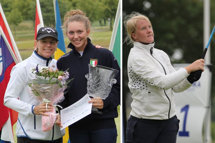 AIE2018 Sörenstam Zanusso Lindblad Annika Sörenstam med segrarinnan Anna Zanusso från Italien. Till höger Ingrid Lindblad Ringenäs GK, som kom tvåa.