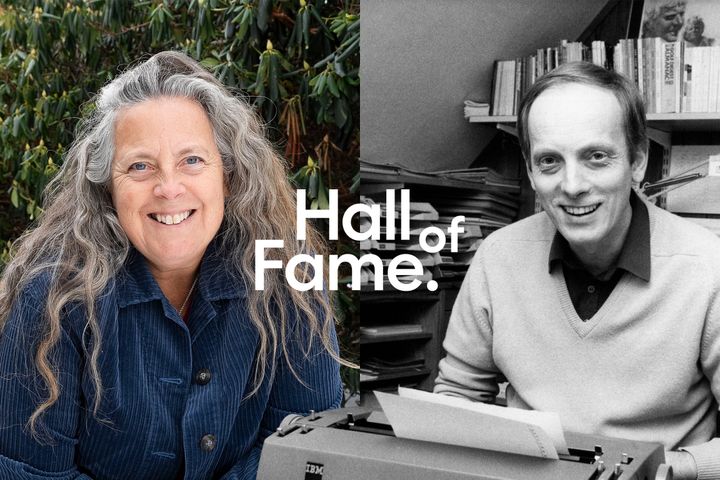 Collage med porträttbild av caddien Fanny Sunesson och bortgångne journalisten Anders Janson.