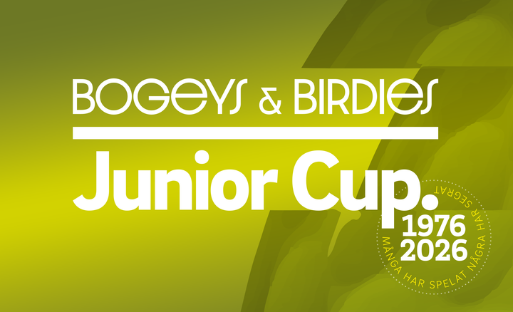 Logotyp för Bogeys & Birdies Junior Cup med texten "1976–2026 Många har spelat några har segrat" i en cirkel.
