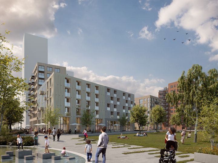 Tidig visionsbild över kv 11 och omgivande strandpark