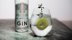 Flaska Arboga Dry Gin och glas med gin och tonic, garnerad med citrus och rosmarin.