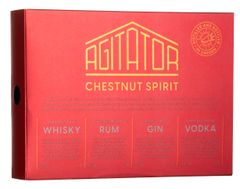 Röd förpackning med texten "Agitator Chestnut Spirit" och detaljer om olika spritsorter.