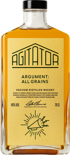 En flaska whisky med etiketten "Agitator Argument: All Grains", 46% alkohol, 70 cl.