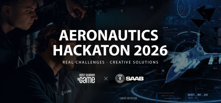 Grafik för Aeronautics Hackathon 2026 med East Sweden Game och Saab, framför en digital visualisering av flygteknik.