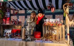 Alt-text: Två personer står bakom ett julmarknadsstånd med juldekorationer och produkter, på Kulturen i Lund.