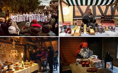 Ett collage av fyra bilder från Julstök med julmarknad på Kulturen i Lund:  Luciatåg, marknadsstånd med försäljare och varor, besökare vid historisk julbord i Blekingegården och en tomte vid ett bord.