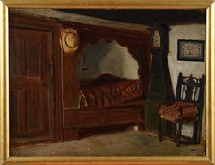 Målning med ram som föreställer en allmogeinteriör