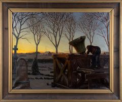 Målning av skånsk landskap i solnedgång. I förgrunden en man på en kyrkogård som ringer i en kyrkklocka, fäst på en enkel träkonstruktion