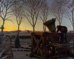 Målning av skånskt landskap i solnedgång. I förgrunden en man på en kyrkogård som ringer i en kyrkklocka, fäste på en enkel träkonstruktion.