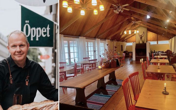 Collage%20av%20tv%E5%20bilder.%20Till%20v%E4nster%20en%20man%20i%20svart%20tr%F6ja%20som%20h%E5ller%20i%20br%F6d.%20Till%20h%F6ger%20en%20lokal%20m%F6blerad%20som%20ett%20caf%E9%2C%20med%20tr%E4bord%20och%20r%F6dm%E5lade%20stolar.