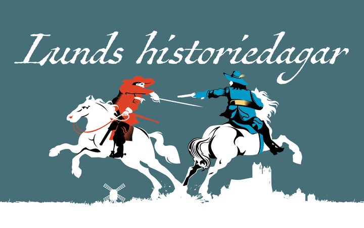 Illustration med Lunds stadssiluett och två ryttare i rörelse, vända mot varandra med dragna svärd och pistol.