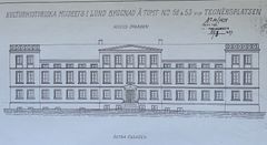 Äldre ritning av Kulturhistoriska museets byggnad i Lund framtagen av ariktekten Henrik Sjöström.