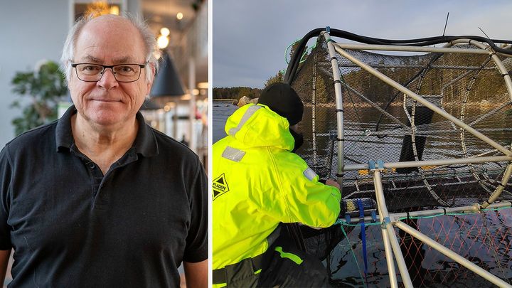 Lars Hillström och den nyligen utvecklade fiskfällan Hovering Pontoon Trap.
