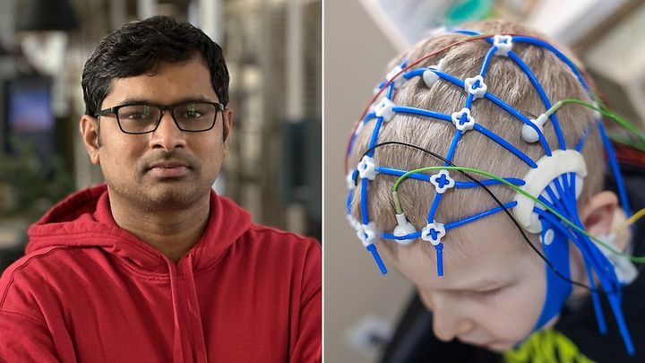 Sunil Kumar och en exempelbild där EEG används på ett barn. FOTO: HiG och TT Bild.