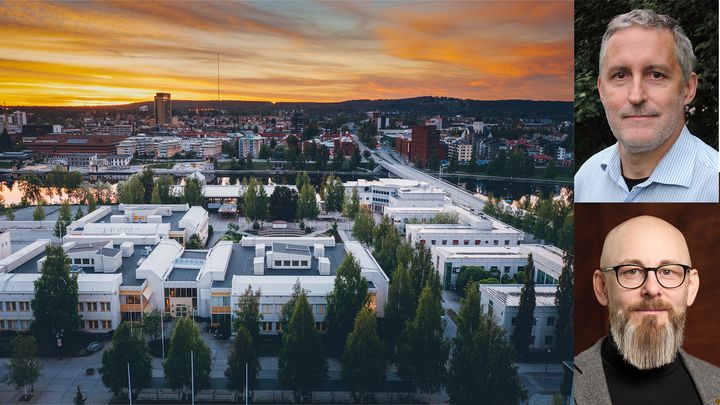 Alt-text: Vy över Campus Skellefteå med två porträtt på Jesper Paasch och Kenth Johansson.