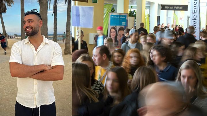 Infuencern Debilalo utomhus på en strand bredvid en bild på folkmassa på teknikmässan 2024.