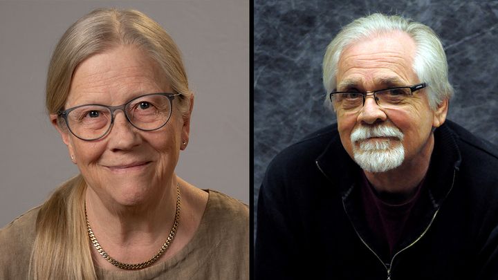 "Två personer, en kvinna och en man, porträtterade mot enkla bakgrunder."