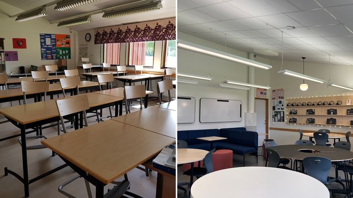 Två klassrum. Vänster: äldre möbler och belysning. Höger: modernt möblemang och ny belysning.