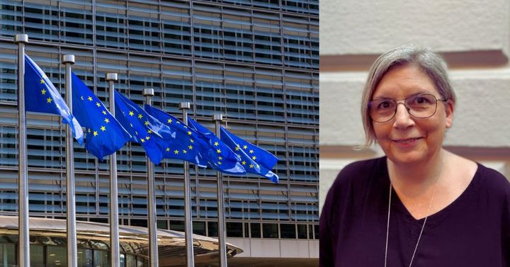 Ett kollage av EU-flaggor på rad bredvid ett foto av Gabrielle Gran.