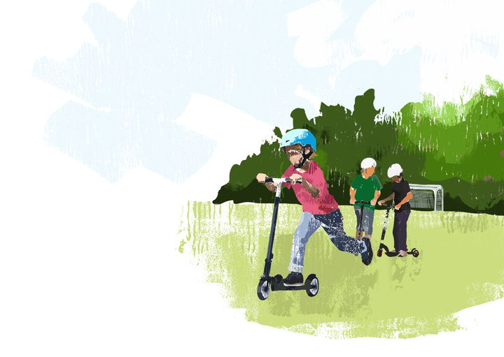 Illustration av flicka med röd tröja och blå hjälm åker sparkcykel.